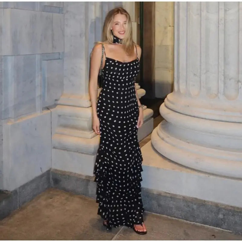 Retro Polk Dot Long Dress With Ribbon Women Sexy Low Cut Sleeveless Pleated Slim Evening Dresses Female Spring Chic Street Party