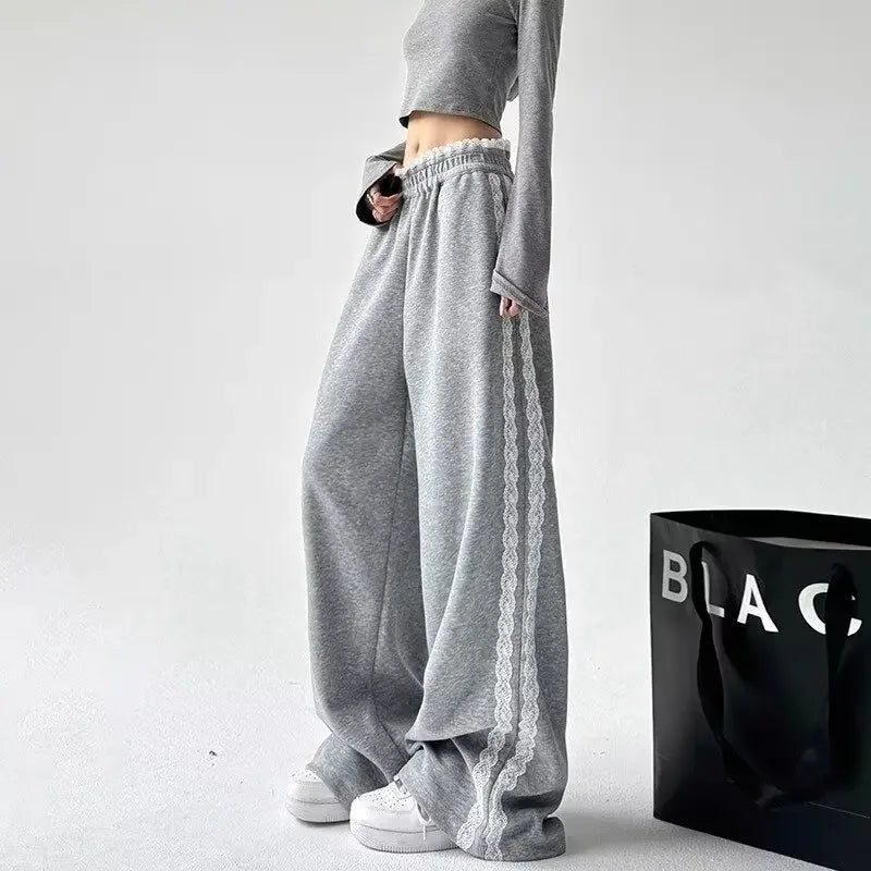 Trendy Casual Wide Leg Pants Women's Autumn Winter High Waist Splicing Lace Trim Drapey Slimming Sporty Trousers