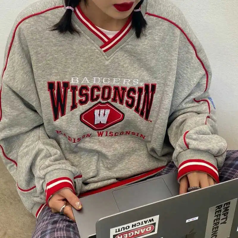 Retro American V-ne Letter Embroidery Pure Cotton College BF Sle Loose Fit Thin Hoodie Women's Autumn Baseball Jaet