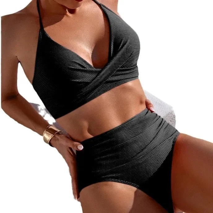 New 2025 Pure Color Hanging Neck Tied Bikini High Waist Separate Swimsuit Women's Fashionable Swimwear from Mainland China