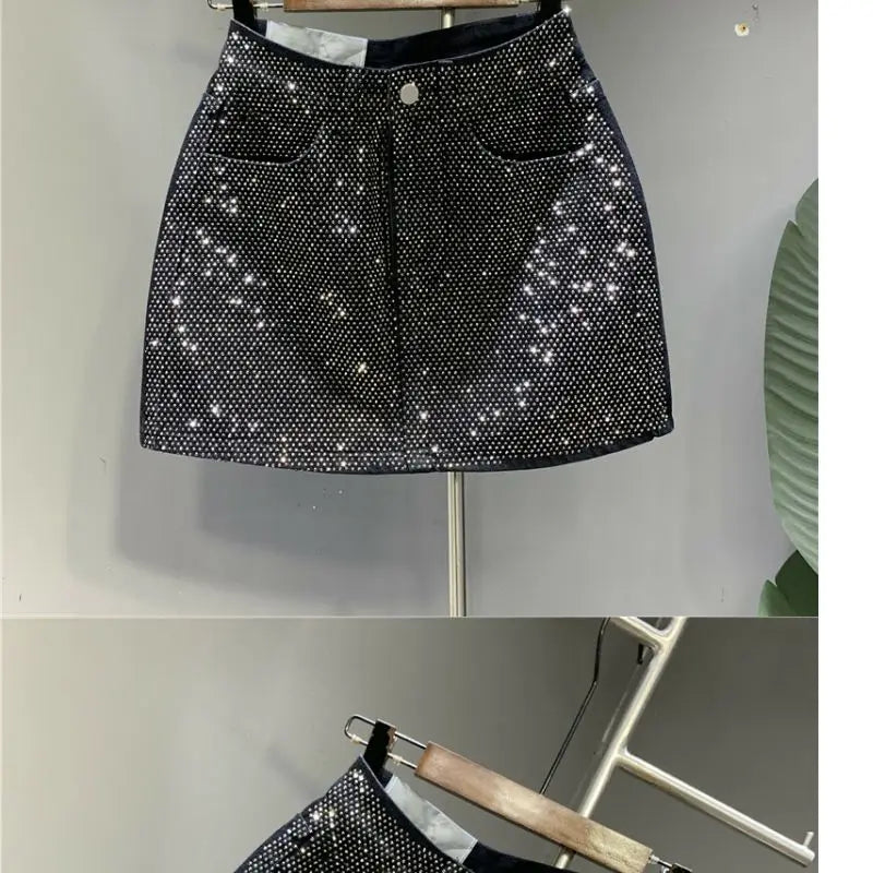 Heavy Industry Hot Drilling High-End Denim Skirt 2024 Spring And Summer New High Waist Pink Sexy A-Word Skirt