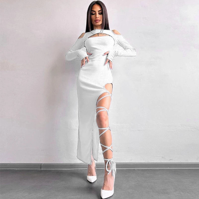 Hugcitar Long Sleeve Solid Hollow Out Slit Lace Up Elegant Sexy Bodycon Maxi Prom Dress 2023 Fall Women Birthday Party Outfit "