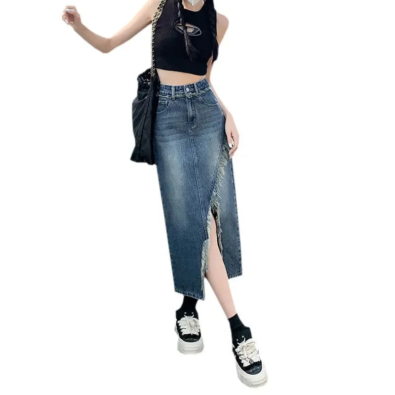 Fashionable Denim Skirt For Women High-waisted A- line Hip Covering Long Dress Casual Style Perfect For Summer 2024