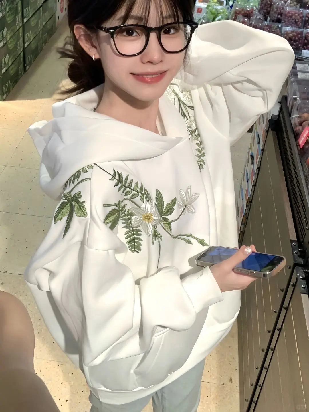 Cotton Floral Embroidery Hooded Sweatshirt for Autumn and Winter Thick American Style New Sweet Pullover Jacket Loose Top