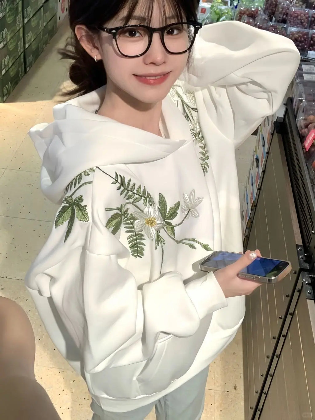 Cotton Floral Embroidery Hooded Sweatshirt for Autumn and Winter Thick American Style New Sweet Pullover Jacket Loose Top