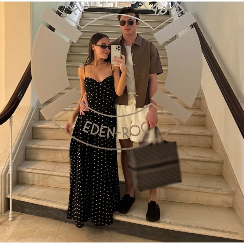 Retro Polk Dot Long Dress With Ribbon Women Sexy Low Cut Sleeveless Pleated Slim Evening Dresses Female Spring Chic Street Party