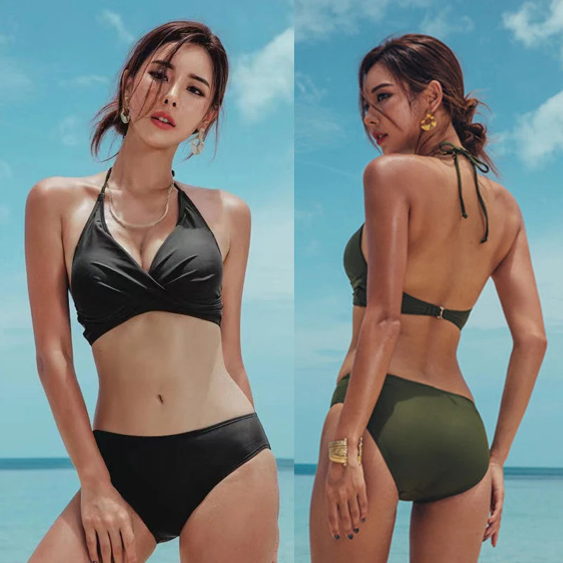 Sexy Solid Two-Piece Swimwear Women Cross Push Up Bikini Set Brazilian Lady Swimsuit High Waist Beach Bath Suit