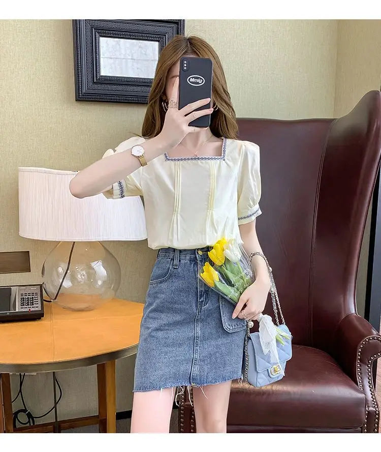 Women Clothing Summer Korean Fashion Embroidered Solid Color Square Collar Puff Sleeve Femme All-match Pleated Short Sleeve Tops