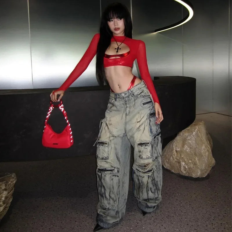 See Through Y2k Clothes Hollow Out Mesh Crop Top Skinny Camisole Mini Ropa De Mujer Rave Outfits 2 Pcs Set T Shirts For Women