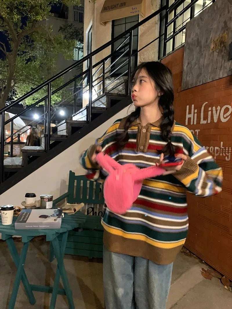 Retro Lazy Sle Women's  Ne Sweater Spring Autumn Loose  Stripes Knitted Top Comfortable Breathable Warmth