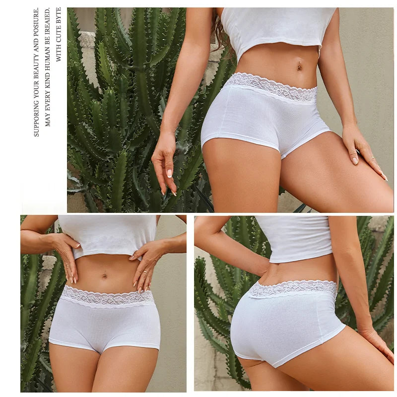 3Pcs Women's Cotton Lace Panties Boxers Seamless Boxer Underwear Female Solid Color Briefs Cozy Lingerie Intimate Underpant S-XL