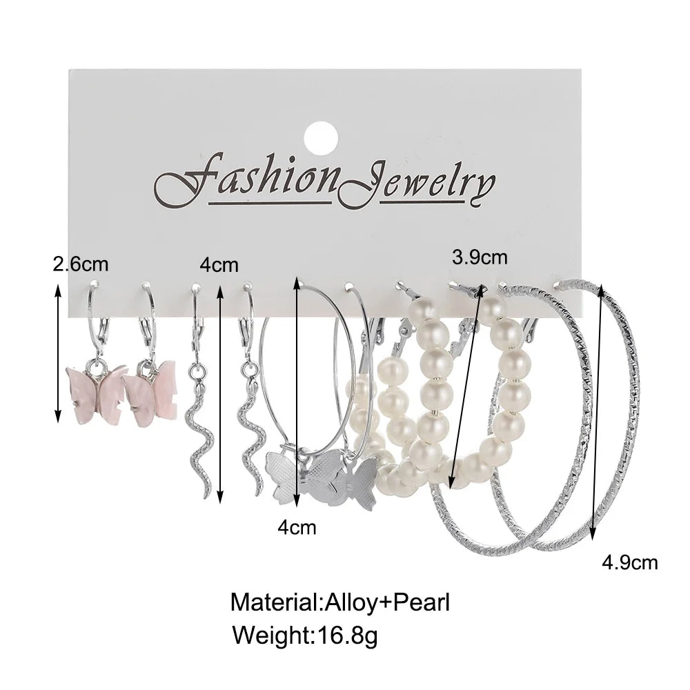 Fashion Big Silver Color Round Circle Pearl Hoop Earrings for Women Girls Snake Butterfly Dangle Earring Set Female Y2K Jewelry