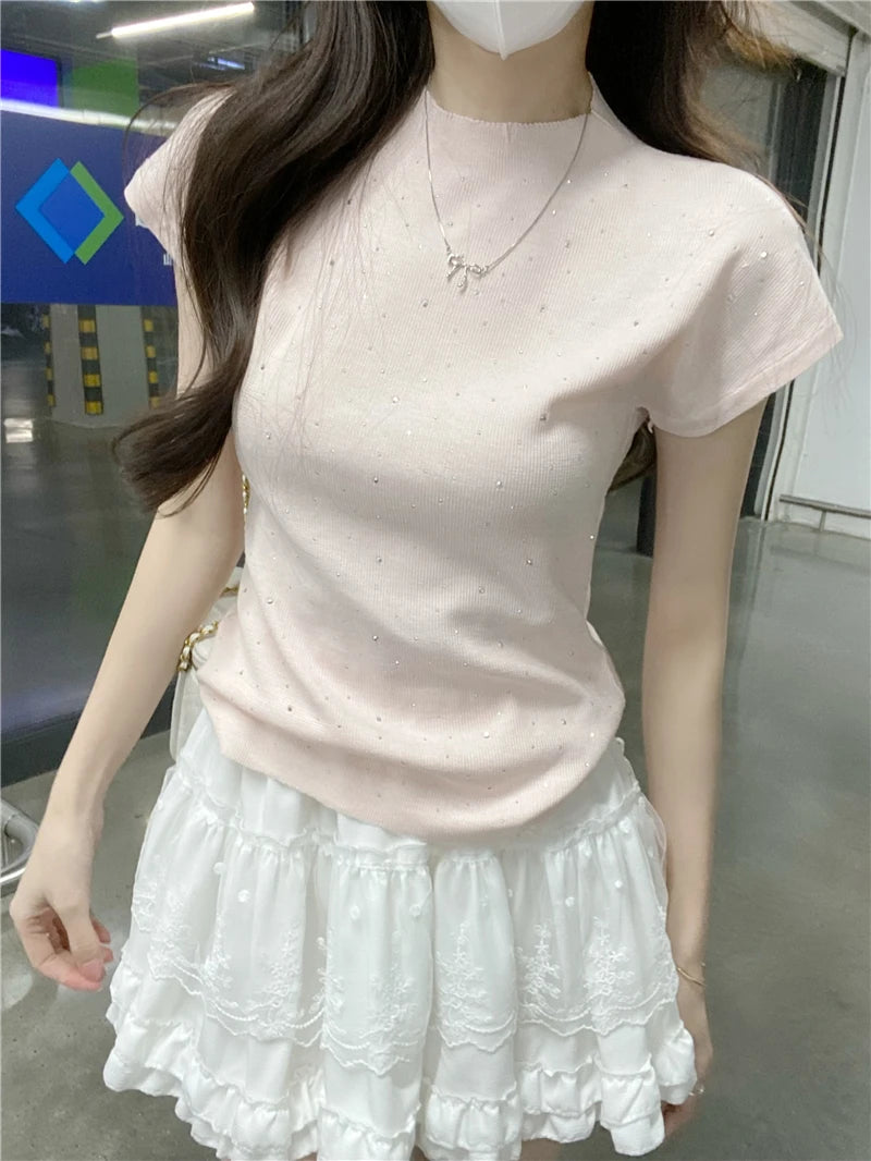 Blue Bead Knitted Top Women's Slim Fit ort Sve round Ne T-irt Summer 2025 New Design Commute Sle Knittedwear