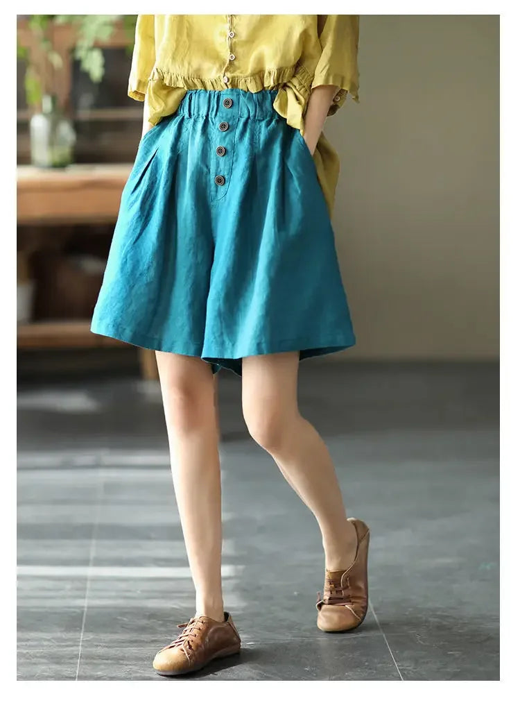Vintageartistic High-waisted Slimming Cotton Linen Shorts For Women Casual Loose-fit Bell Bottoms 2024 New Style