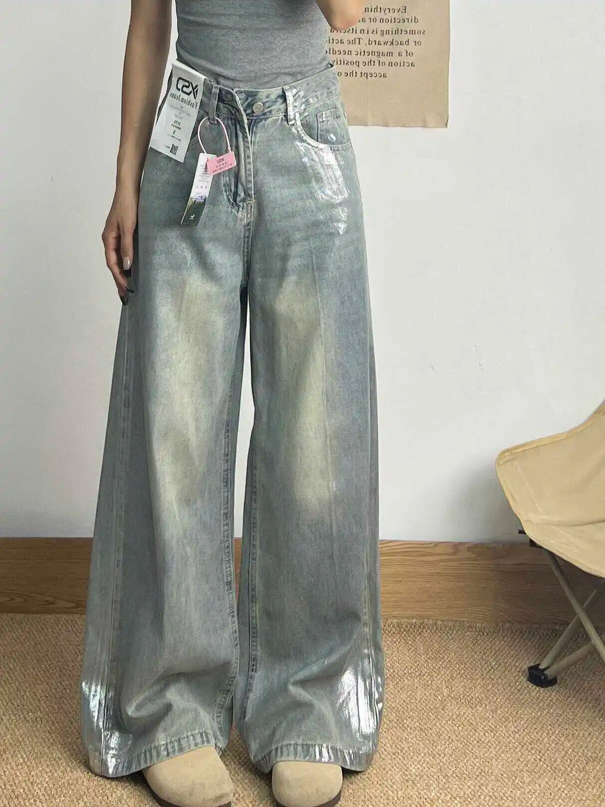 Grey Jeans Women 90s Vintage Personality High Waisted Straight Trouser Streetwear Casual Loose Girl Wide Leg Classic Denim Pants