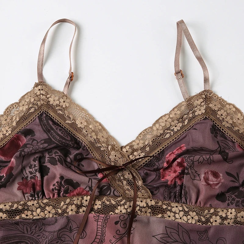 Rockmore Vintage Tulle Patchwork Floral Print Camis Women Mesh Lace Cross V Neck Crop Top Y2K Aesthetic Female Backless Corset