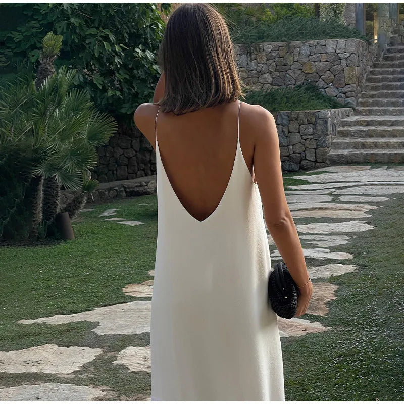 Elegant Women's Solid Backless Pleated Dress Fashion Patchwork Sleeveless Backless Long Dresses Lady Summer Holiday Beach Robes