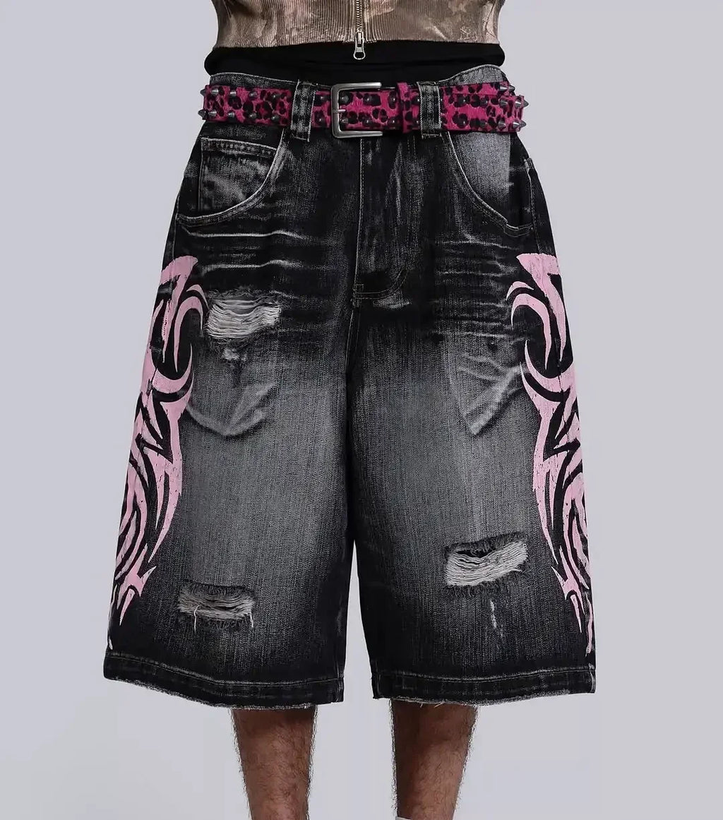 Harajuku Popular Knee Length Denim Shorts Retro Rivet Design Wing Pattern Jeans Y2K Men Women Fashion Punk Loose Wide Leg Pants