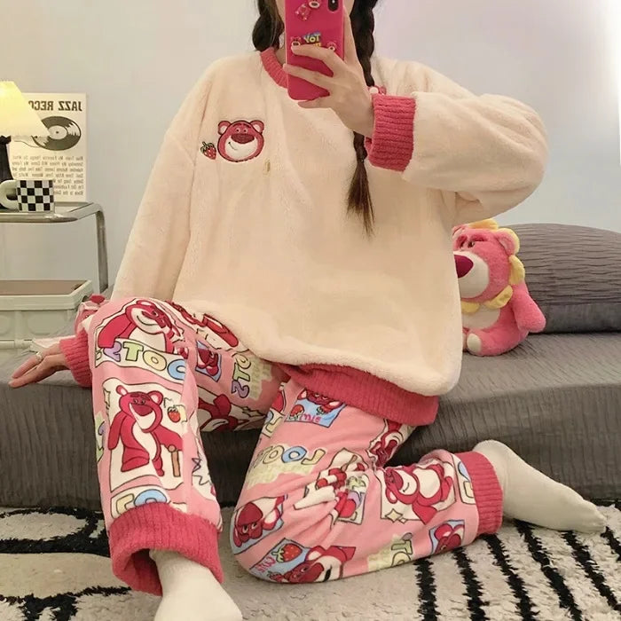 Transborder Flannel Pyjamas Women's Autumn Winter Round Neck Long Sleeve Cute Japanese Cartoon Student Warm Home Clothes Set