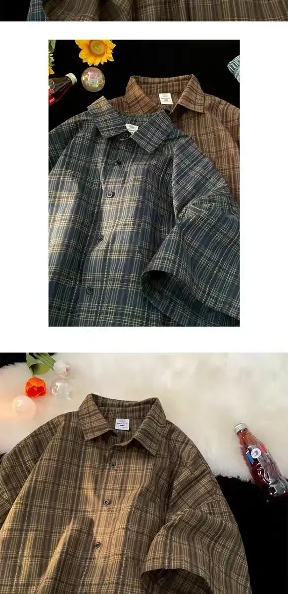 Japanese Vintage Plaid Short Sleeve Shirt Men's Streetwear Loose Fit High-end Feel Casual Stylish Versatile Half Sleeve Jacket