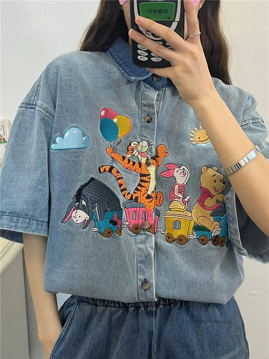Disney Winnie The Pooh Antique Style Niche Childlike Fun Embroidery Denim Shirt Womem's Summer Loose Shirt Casual Versatile Top