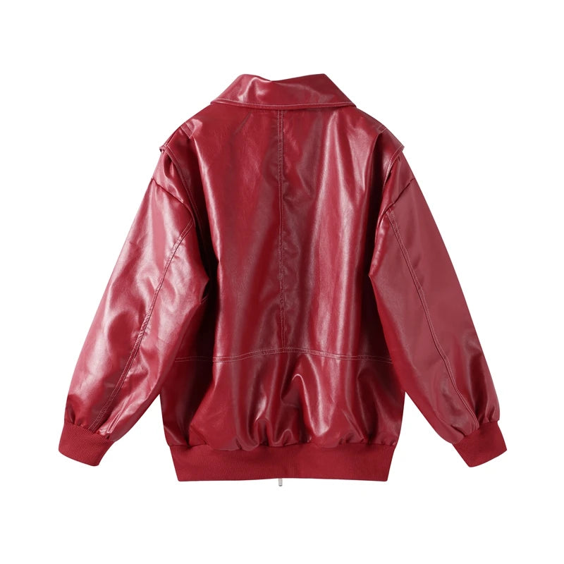 Fashion Green PU Leather Jacket Women Laple Zipper Loose Full Sleeve Single Breasted Cropped Coat 2024 New Lady Solid Streetwear