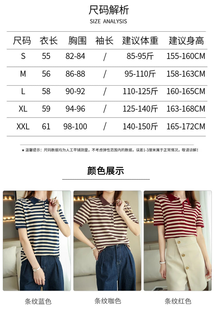 RONGYI 100% Cotton Women's Spring And Summer New Polo Neck Knitted Pullover With Stripes And Thin Short Sleeve T-Shirt Loose Top