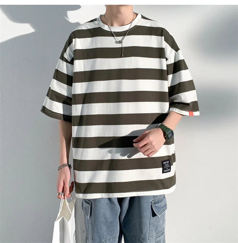 Men's Cotton T-shirt Striped Mens Oversized T Shirts Split Hem Fashion Tee Shirts Casual Wear Summer Tshirt 5XL Big Size for Man