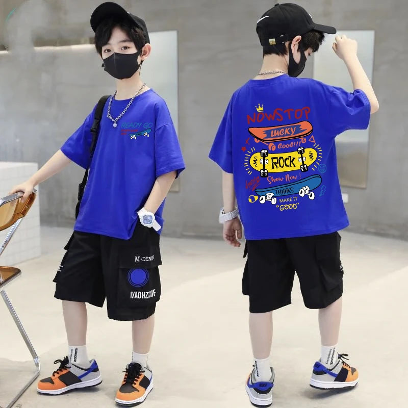 Skateboard Pattern Design Children's Tops Summer Boys Girls Short Sleeve T-shirts Cotton Korean Kids Clothes 2025 7-13Y 4-6Y