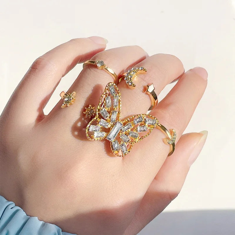 Vintage Shiny Zircon Butterfly Heart Ring Set Gold Color Boho Elegant Eyes Moon Geometric Rings Women Party Jewelry