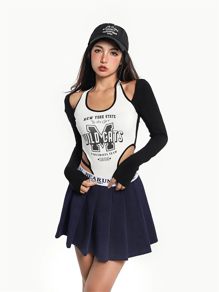 Sexy Letter Printed Irregular Waist-exposed Bodysuits Long Sleeve Skinny Baby Tops Bodycon Fashion Slim Rompers Women Jumpsuits