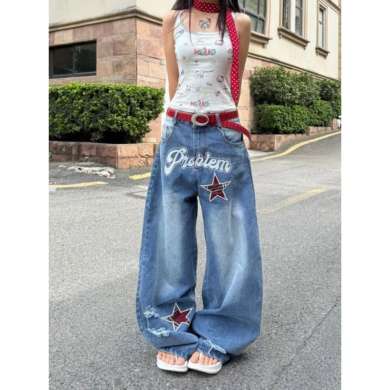 Blue Gothic Ripped Jeans Women Summer Baggy Aesthetic Denim Trousers Harajuku Oversize Jean Pants Vintage 2000s Trashy Clothes