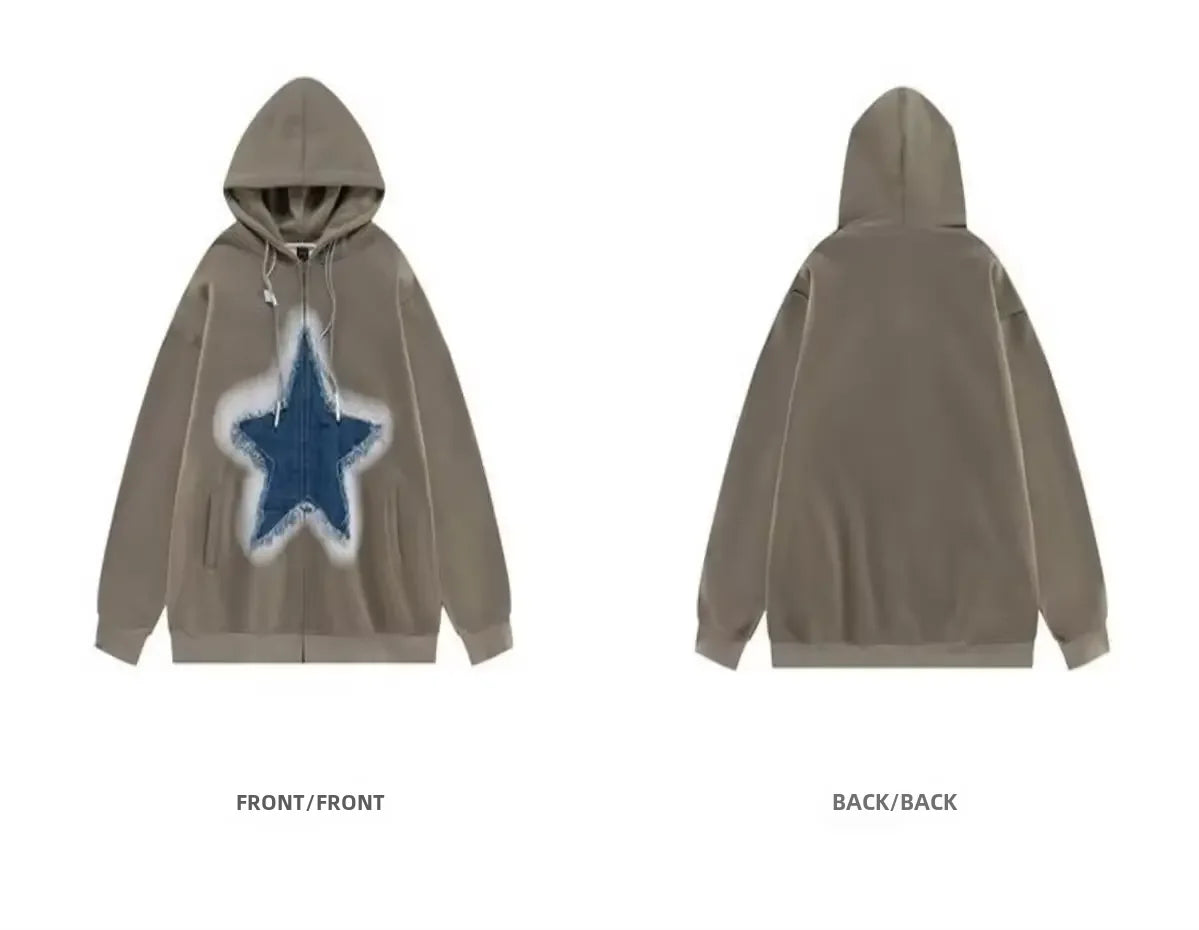 Vintage Star Print Hooded Sweatshirt Unisex Loose Fit Fashion Jacket For Men Women Ideal For Couples