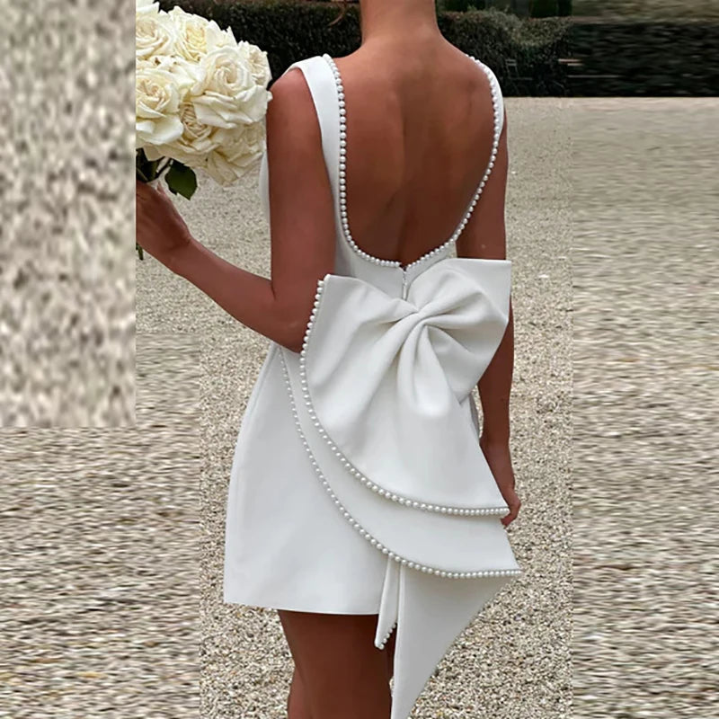 Fashion O Neck Waist Solid Short Dress Pearl Patchwork Slim Women A-line Dress Sexy Hollow Out Backless Bow Party Dress Vestidos