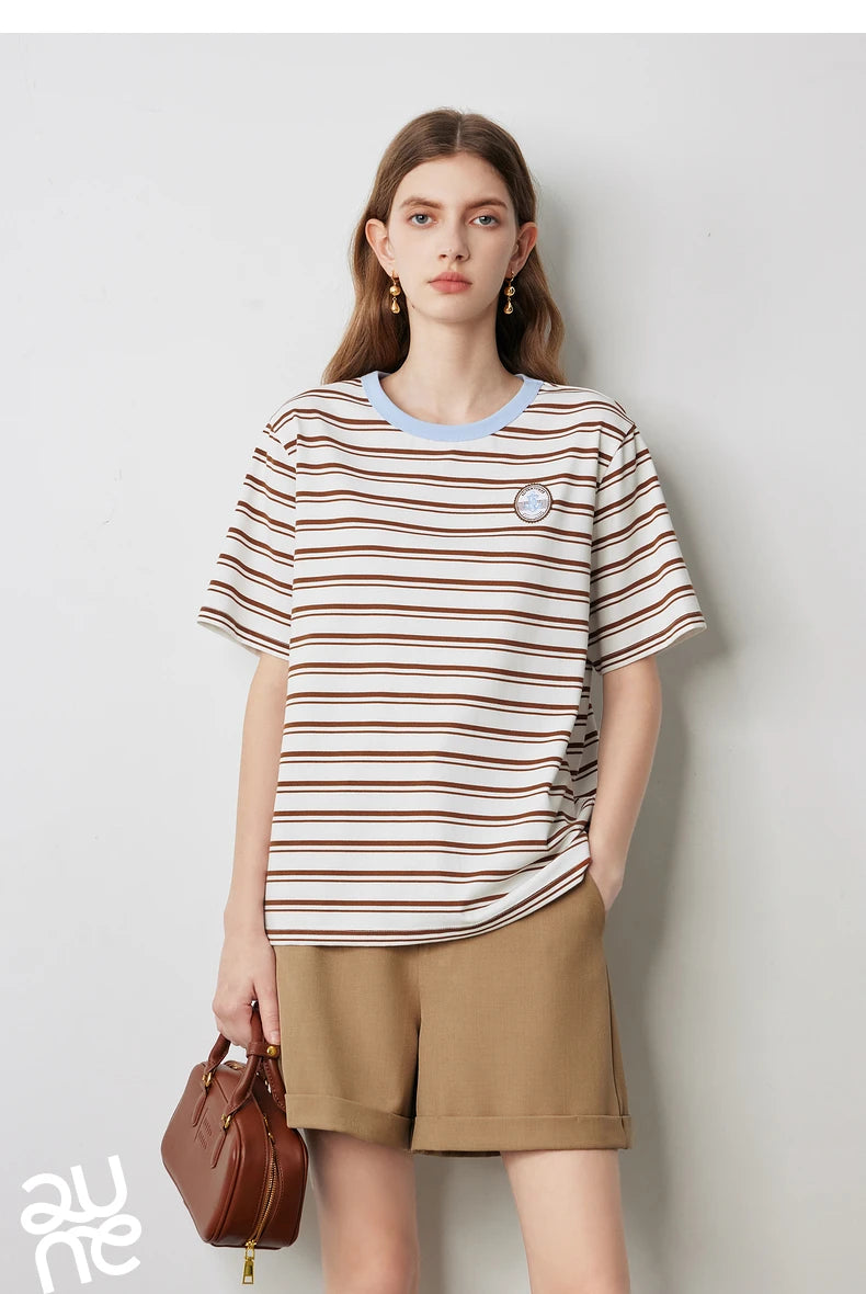 TOYOUTH Women Striped Short Sleeved T-shirt 2024 Summer New Academy Style Round Neck Top