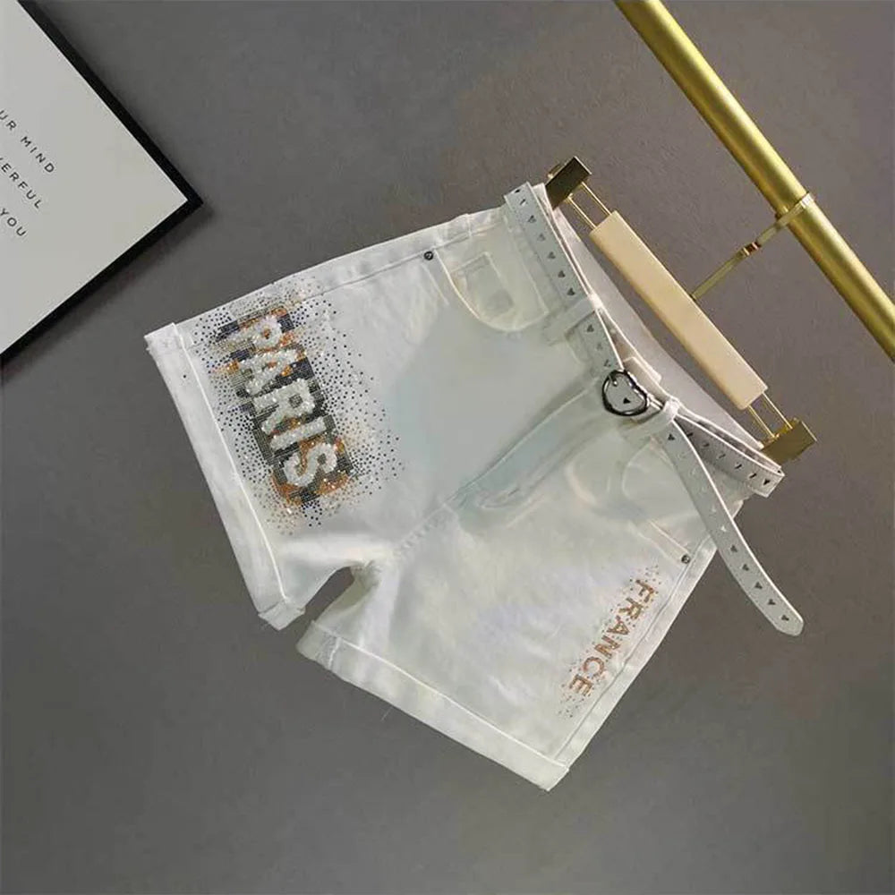 White Denim Shorts Women's 2023 Summer New European Station Loose High Waist Hot Pants Fashion Letter Diamond Jean Pants Ladies