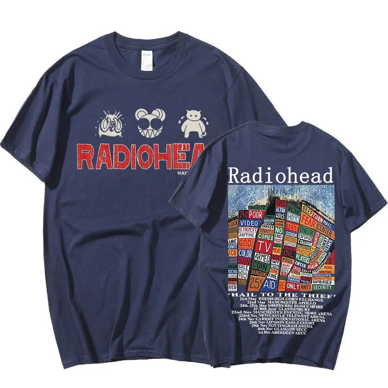 Radiohead Vintage Print T Shirt Men's Oversized 100% Cotton Unisex T-shirts Hip Hop Rock Band Hail To The Thief Music Album Tees