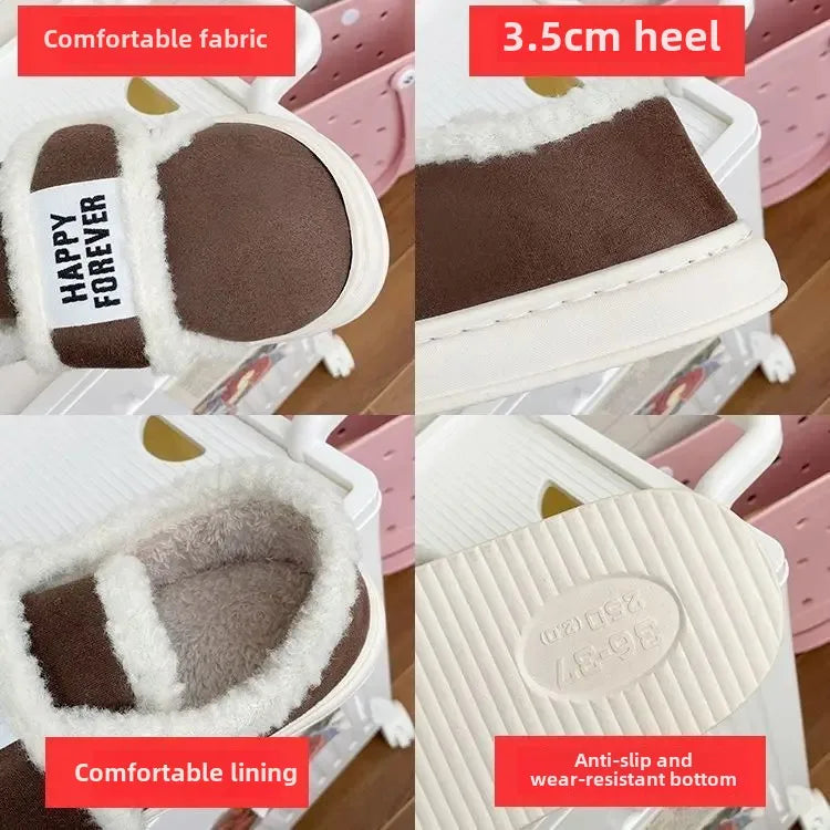 Thick-Soled Cotton Slippers For Women Winter Indoor Home Use Non-Slip Fleece-Lined Warm Cotton Shoes Outerwear Winter