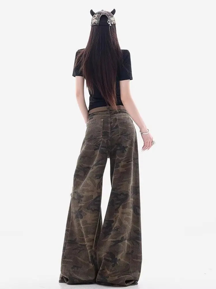 Meigao Street Ripped New Retro Loose Camouflage Ripped Jeans Women's Design Straight-Light Wide Legs
