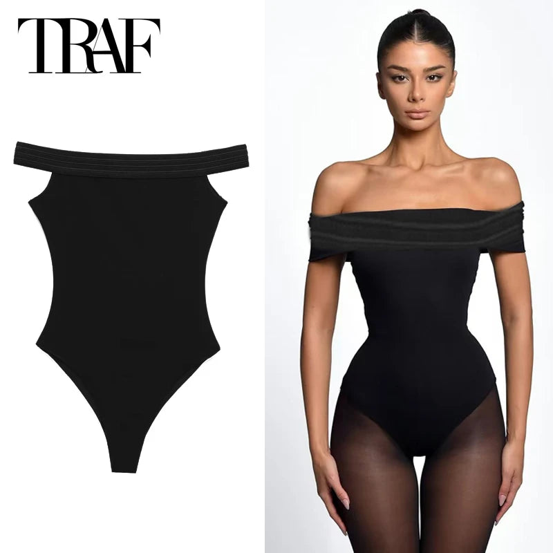 TRAF Black Bodysuit Women Off Shoulder Slimming Sexy Tops Elegant Spandex Corset Bodycon Bodys Sleeveless Thong Bodysuit Woman