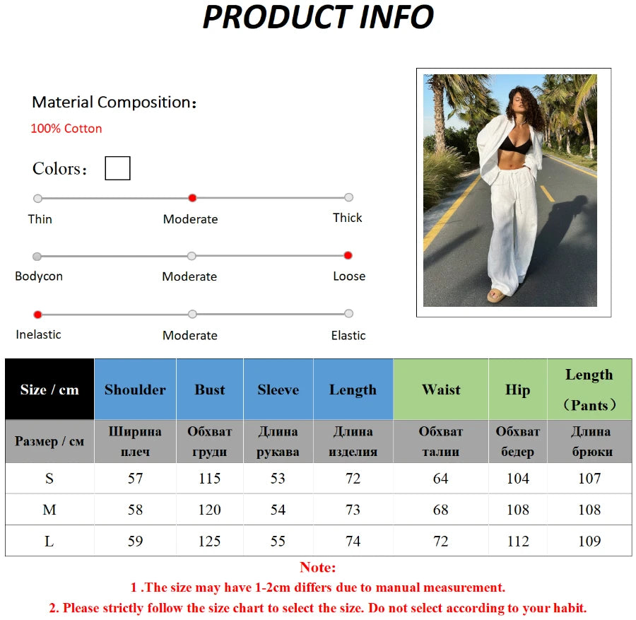 Bornladies Cotton Casual Pants Sets Women's Solid Color Cozy Lapel Long Sleeve Shirt Summer Outfit Elastic Waist Pants Suits