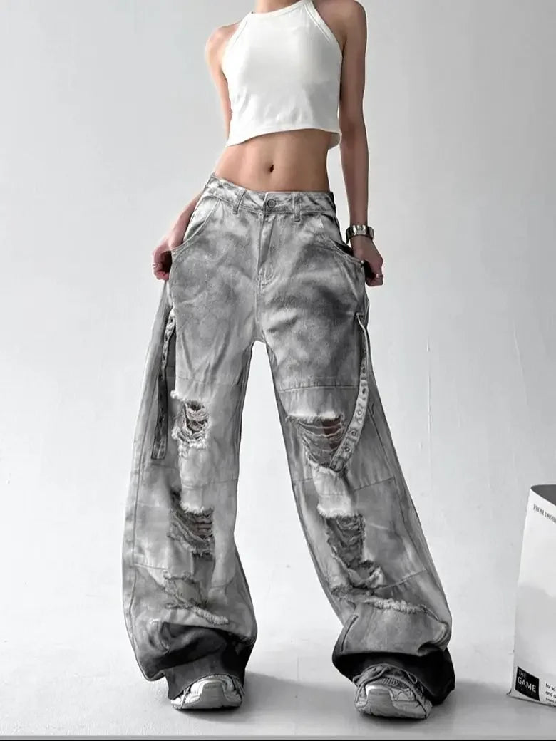 Y2K Women's Grey Ripped Jeans Cargo Baggy Harajuku High Street Aesthetic 2000S Style Fashion 90s Retro Loose Jeans 2025 New