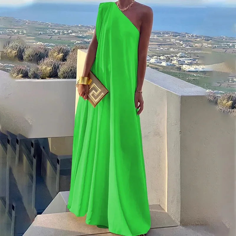 2024 Spring New Women's Fashion One Shoulder Solid Color Sleeveless Banquet Gown Long Dress Vestidos De Mujer