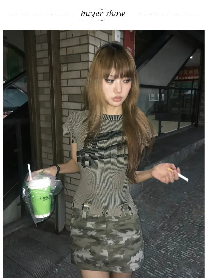 Karrcat Grunge Aesthetics Knitted Top Vintage Distressed T-shirt Punk Broken Crop Top Harajuku Slim Ribbed Tshirt Y2k Streetwear