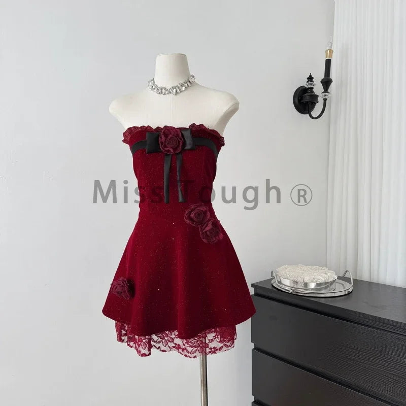 Gothic Y2k Lolita Style One Piece Dress Women Sexy Red Rose Flower Bow Party Mini Dress Japanese Fashion Elegant Dresses 2025