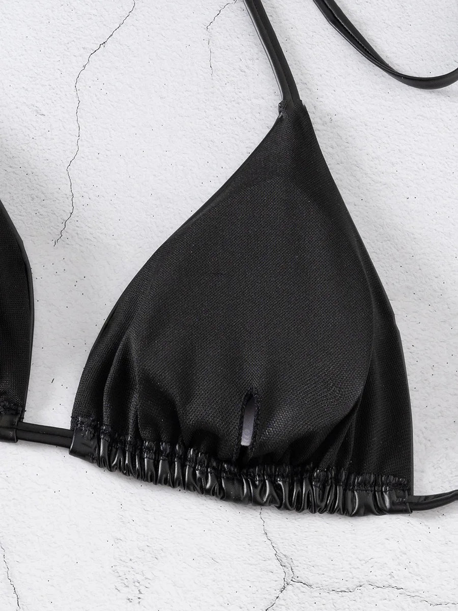 PU Faux Leather Mini Micro Thong Bikini Female Swimsuit Women Swimwear Two-pieces Bikini Set Bather Bathing Suit Swim Beachwear