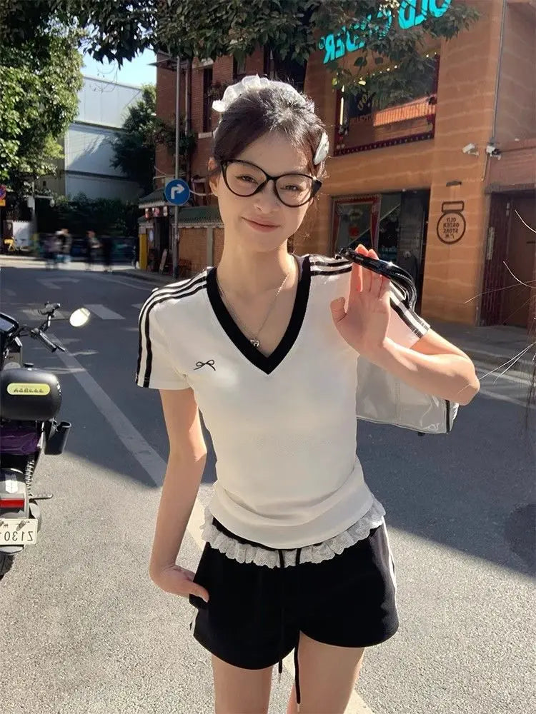 Women Clothing Summer Fashion Casual Striped Color Blocking V-neck Ladies Ladies Simplicity All-match Appear Thin Short Sleeve