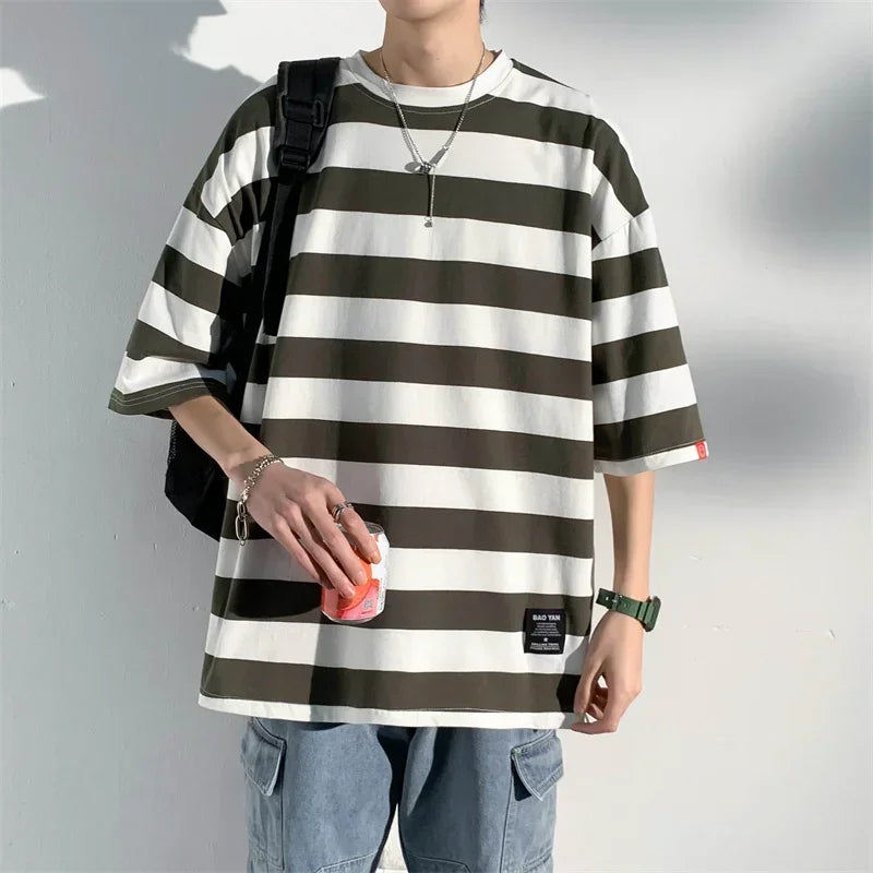 Men's Cotton T-shirt Striped Mens Oversized T Shirts Split Hem Fashion Tee Shirts Casual Wear Summer Tshirt 5XL Big Size for Man