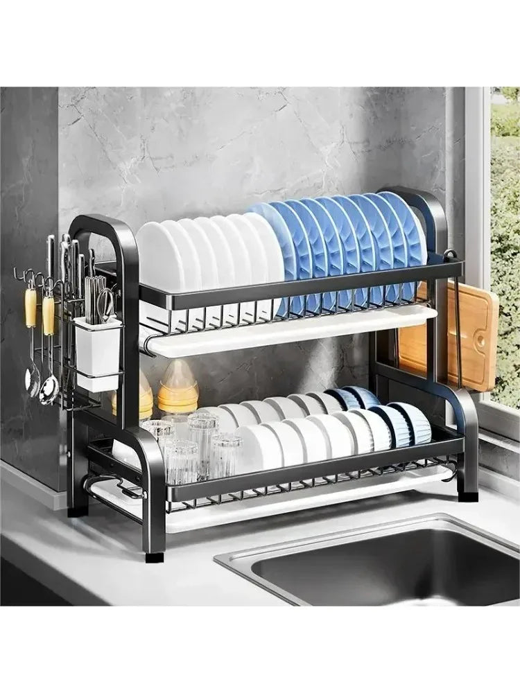 Kitchen 2nd floor storage cutlery and bowl rack set with cutlery rack, large anti rust cutlery drainage board