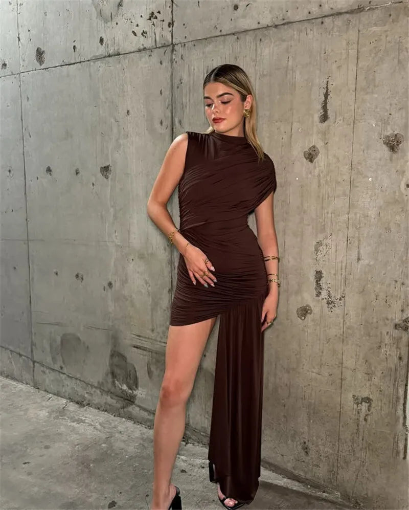 Mozision Irregular Draped Ruched Sexy Mini Dress For Women Elegant Turtleneck Sleeveless High Waist Pleated Club Party Dress